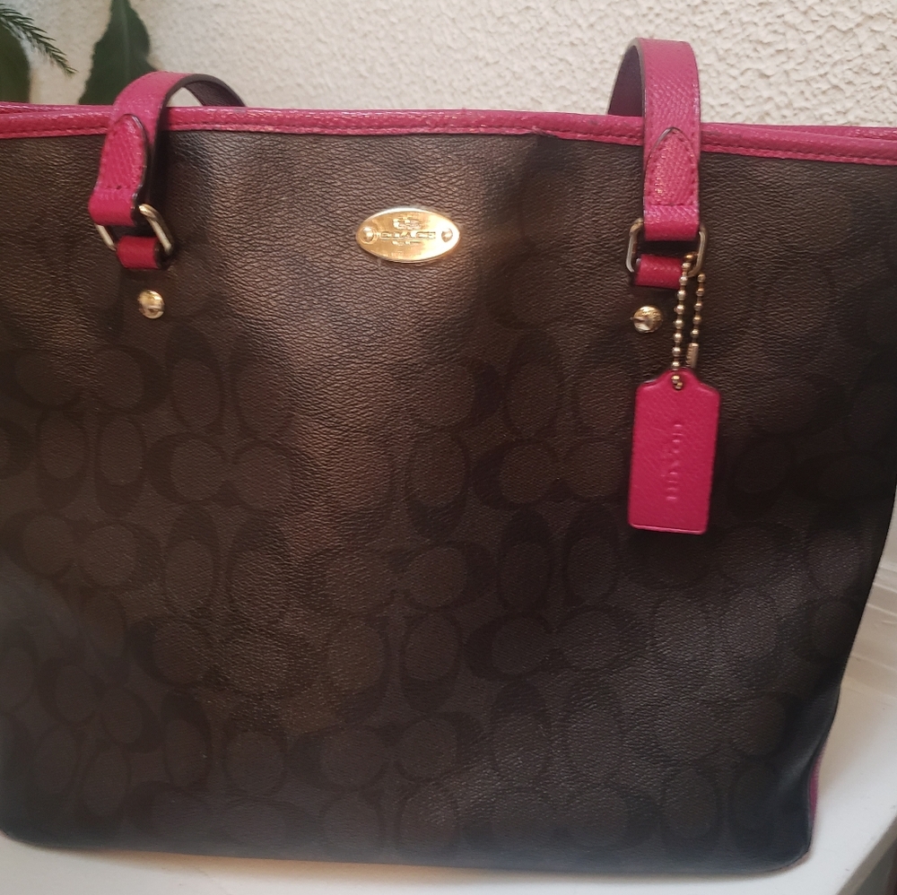 Coach Autentic F34603 Brown & Fuchsia Signature Tote Bag 13×11×5 - Picture 5 of 11